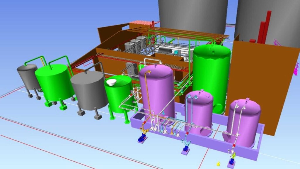 Modelo tridimensional del tratamiento de agua desmineralizada de 60 m³/h: tanques de proceso, recipientes a presión y tendido de tubería sobre estructura.