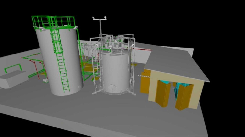 Modelo tridimensional de la planta de recuperación de agua residual de 5 m³/h: tanques, escaleras de acceso y caseta de equipos.