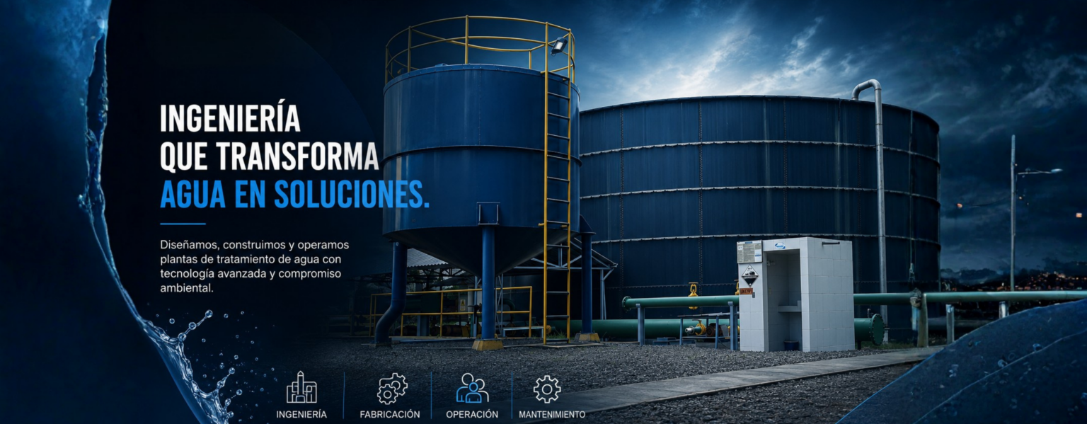 Tanques de una planta de tratamiento de agua de noche: diseñamos, construimos y operamos plantas con tecnología avanzada y compromiso ambiental.