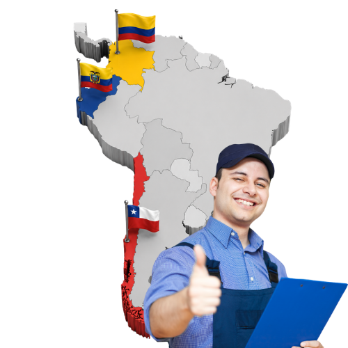 Mapa de Suramérica con Colombia, Ecuador y Chile señalados y un técnico de Watercol con el pulgar arriba