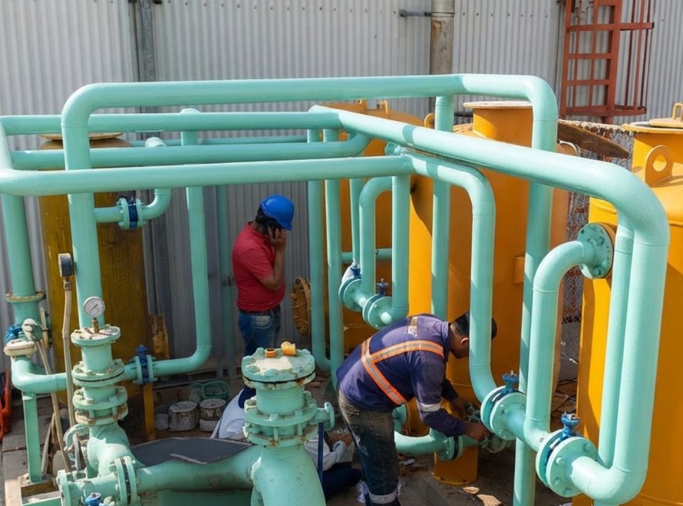 Técnicos de Watercol montando la tubería verde agua de un sistema de filtración con filtros amarillos.