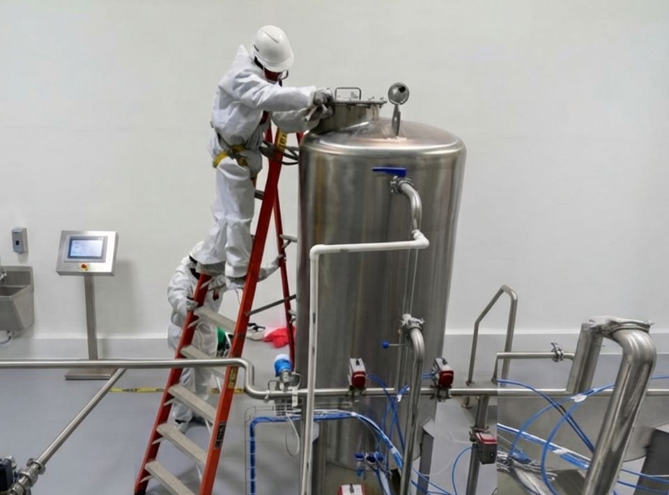 Técnico con traje de sala limpia sobre una escalera, abriendo la tapa de un filtro de acero inoxidable.