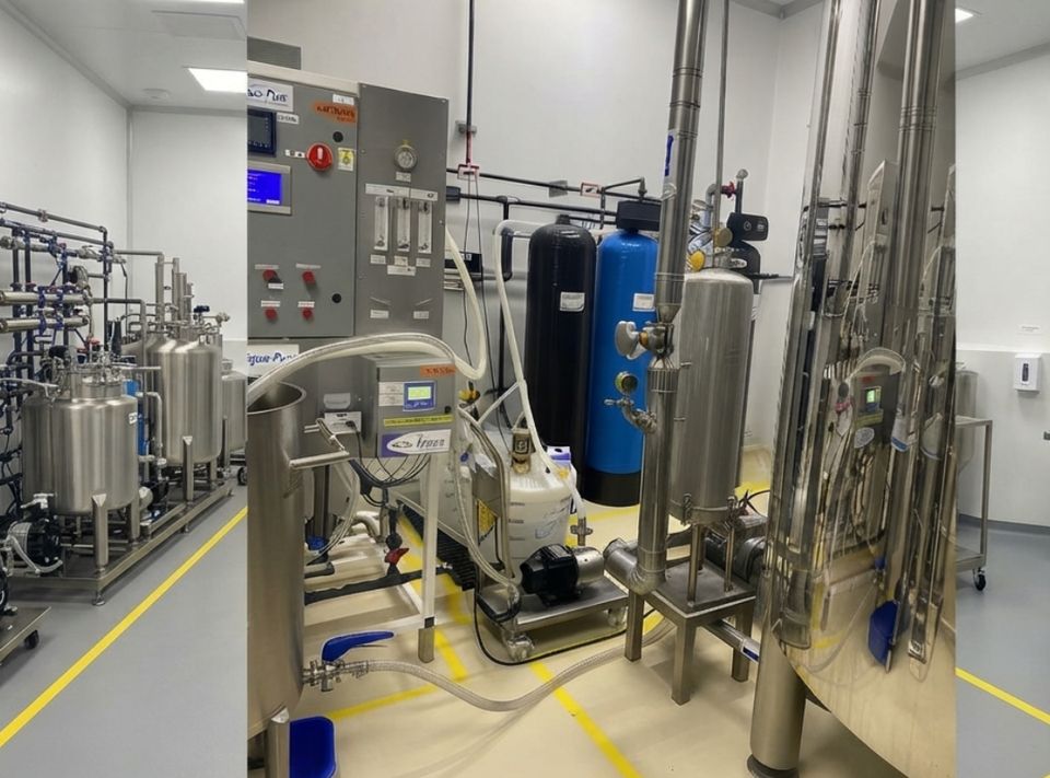 Sala de purificación de agua: tanques de acero inoxidable, filtros y tablero de control.