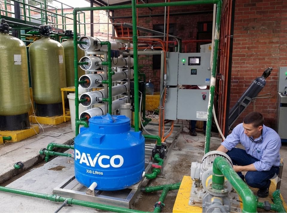 Técnico ajustando la bomba de un equipo de ósmosis inversa, con portamembranas y tanques de filtración.