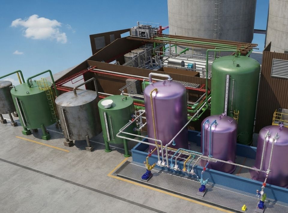 Modelo 3D de la planta de agua desmineralizada: tanques de proceso, recipientes a presión y tubería.