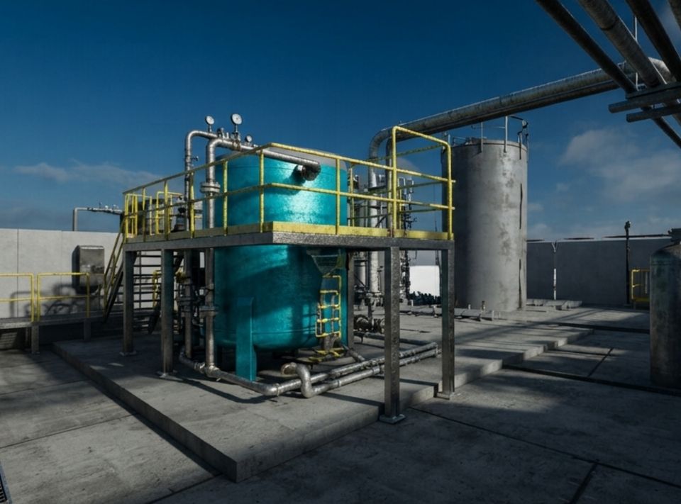 Modelo 3D de la planta de recuperación de agua residual: tanques, plataforma y escaleras de acceso.